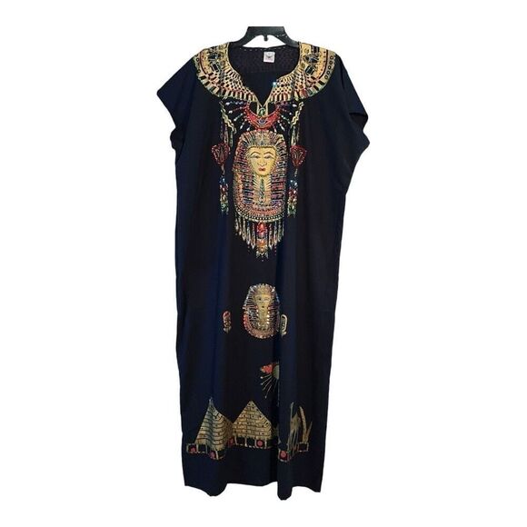 Horus Vintage Egyptian Beaded Dress Size 8 Black/Gold Kaftan Robe Nefertiti